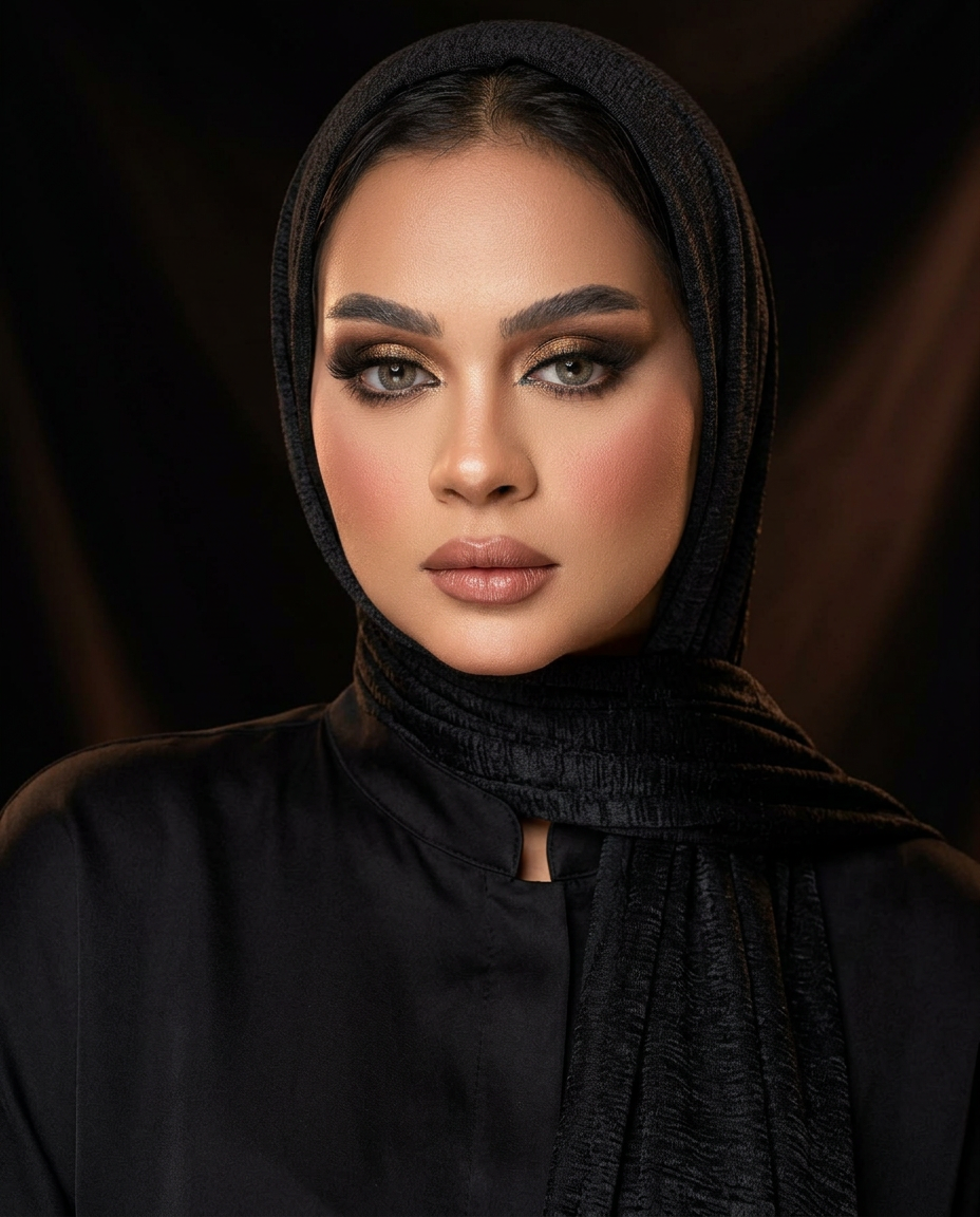 Amira Mostafa, luxury bridal makeup artist, in black with gold smokey eye makeup